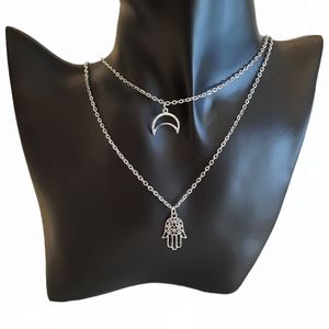 Silver Plated Layered Moon Hand of Fatima Necklace